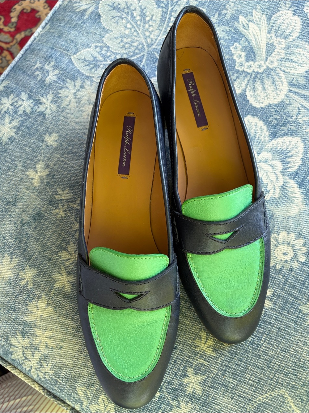Ralph Lauren Black and Bright Green Leather Penny Loafers - Women